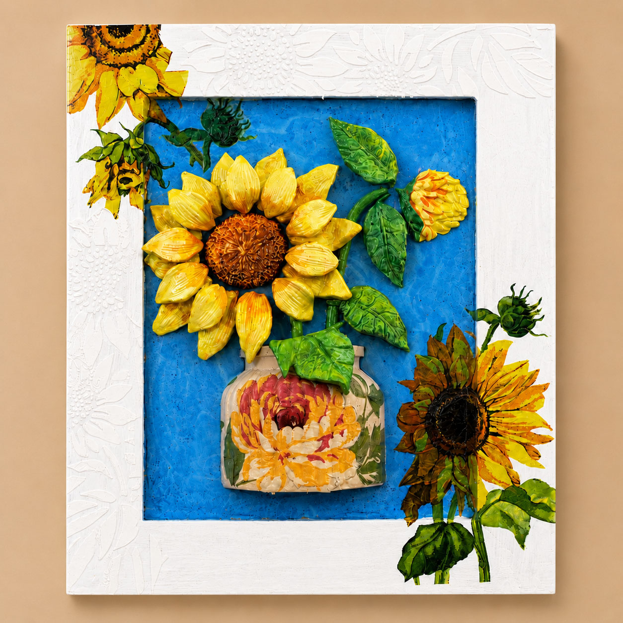 3D Textured Sunflower Mixed-Media Framed Wall Art (Clay Art)
